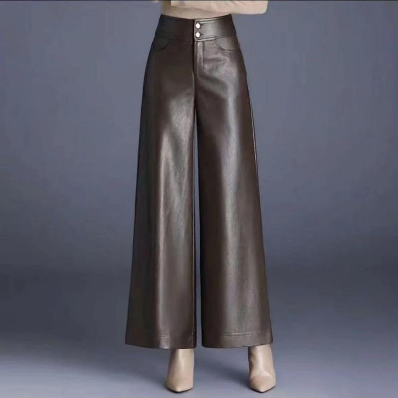 Women Autumn High Waist Faux Leather Wide Leg Pants S коричневый