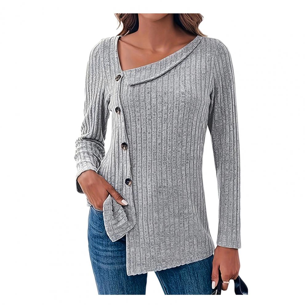 

Fall Spring Women Top Slant Neck Oblique Irregular Single-breasted Buttons Long Sleeve Knitted Solid Color Soft Elastic Lady Swe M сірий