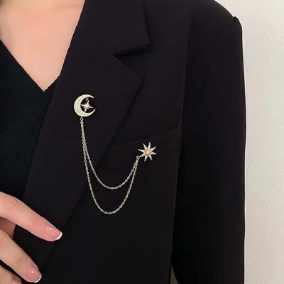Rhinestone Star Moon Gold Color Women Brooches Star Moon Brooch Korean Style Chain Brooches Pins