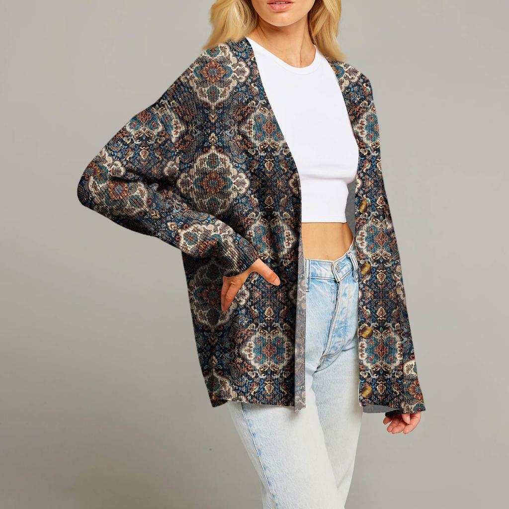 Women's Fashion Long Sleeve Christmas Print V-Neck Button Loose Cardigan Top
