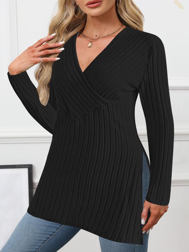 Autumn/Winter Long Sleeve Solid V-Neck Casual Home Wear Slim Ribbed Top