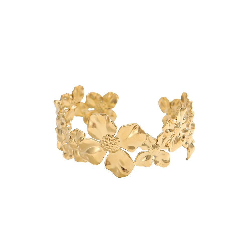 CARLIDANA Exquisite Gold Plated Waterproof Jewelry Gift Stainless Steel Flowers Open Chunky Cuff Bracelet Bangle for Women