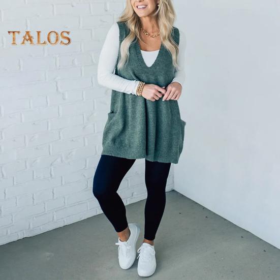 Damenpullover mit V-Ausschnitt, ärmellos, einfarbig, Strickweste mit Taschen, gerippter Besatz, lockere Passform, mittellange Freizeitstrickmode