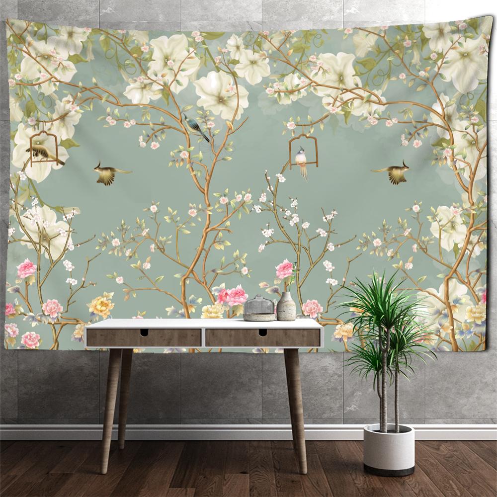 Зеленый цветок и птица живопись винтажный гобелен настенный бохо искусство хиппи тапиз — фото 3