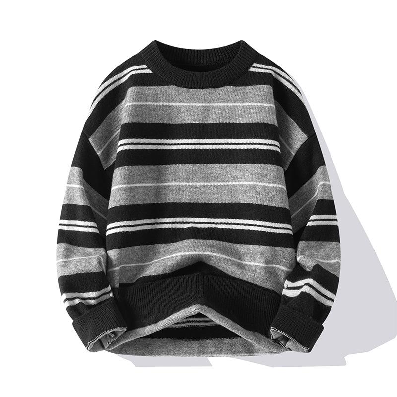 

Весна и осень мужской новый винтажный полосатый свободный повседневный свитер с круглым вырезом 2XL черный серый