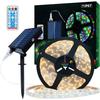 Ruban LED solaire 5m, 280 LED blanc chaud, IP67, télécommande, 8 modes, batterie intégrée