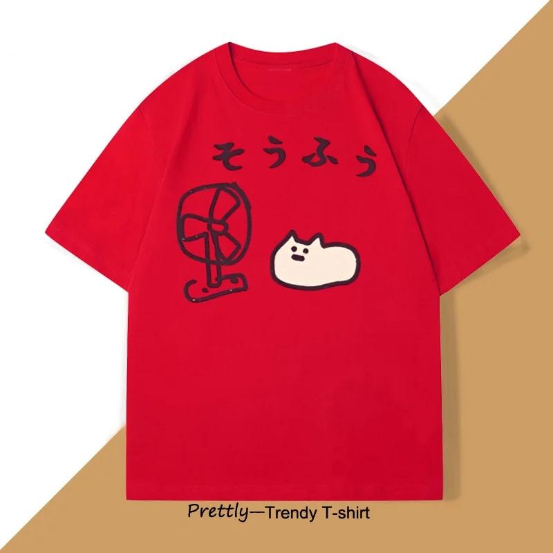 Cool Japanese Style Fan Cat T-shirt Women Funny Short Sleeve Tshirt Graphic T Shirts Summer Streetwear Pritned Tees