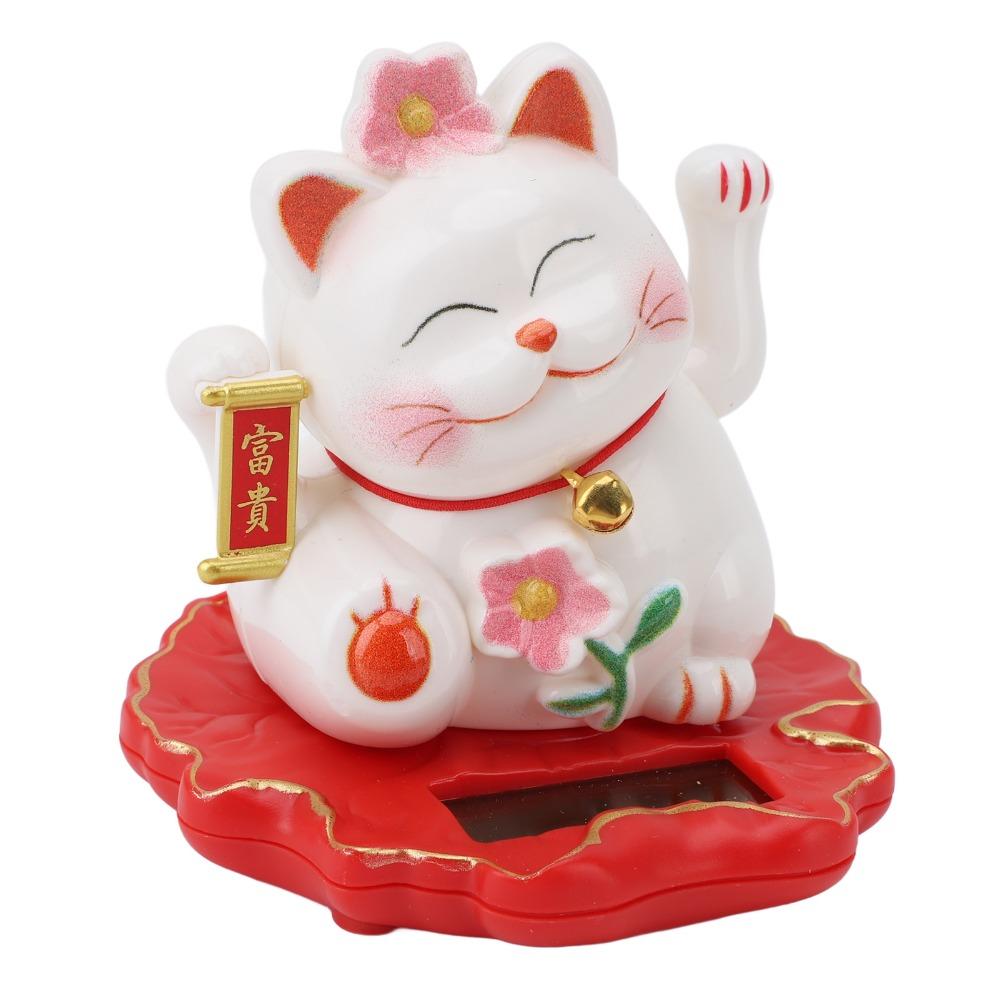 3in Solar Waving Cat Ornament ABS Light Operated Lucky Cat Decor Outdoor Porch Display Piece