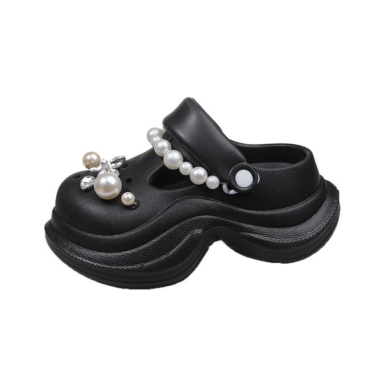 Thick-soled hole shoes women's outer wear 2025 new non-slip rhinestone pearl beach shoes heightening sandals women's summer
