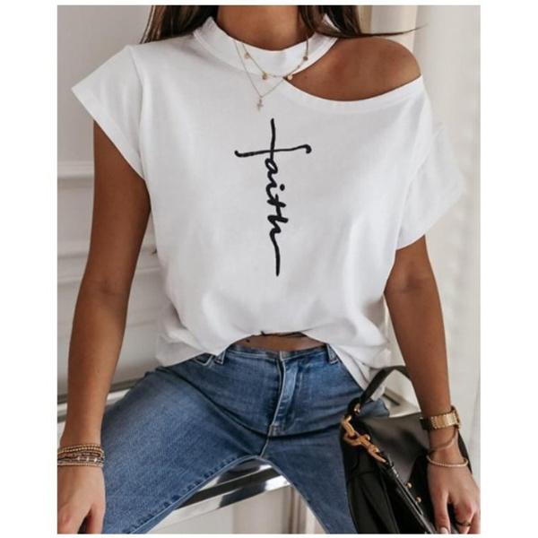 

Women s Summer Letter Printed T-Shirt Sexy Off Shoulder Short-Sleeved Fashion Plus Size Casual Tops S чорний
