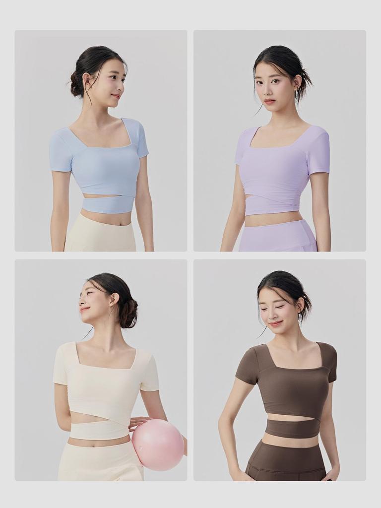 Women's Sexy Square Neck Short Sleeve Yoga Top with Chest Pads - Nude Feel Fitness and Pilates T-Shirt