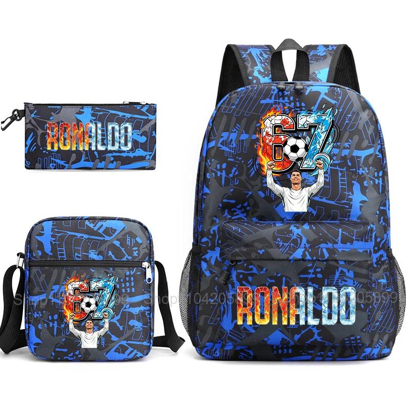 CR7 Ronaldo Backpack Football 67 Print School Bag With Shoulder Bag & Pencil Case For Student Boys Gift Daily Travel Rucksack