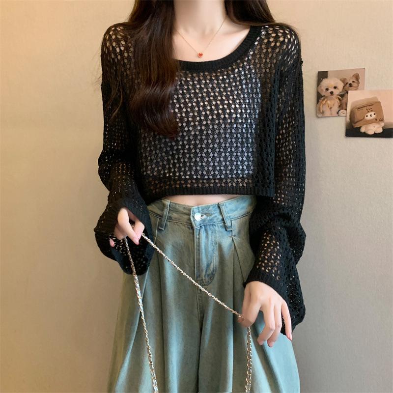 Loose lantern sleeves short hollow blouse women's summer tulle mesh candy color sweet round neck long-sleeved knitted sweater