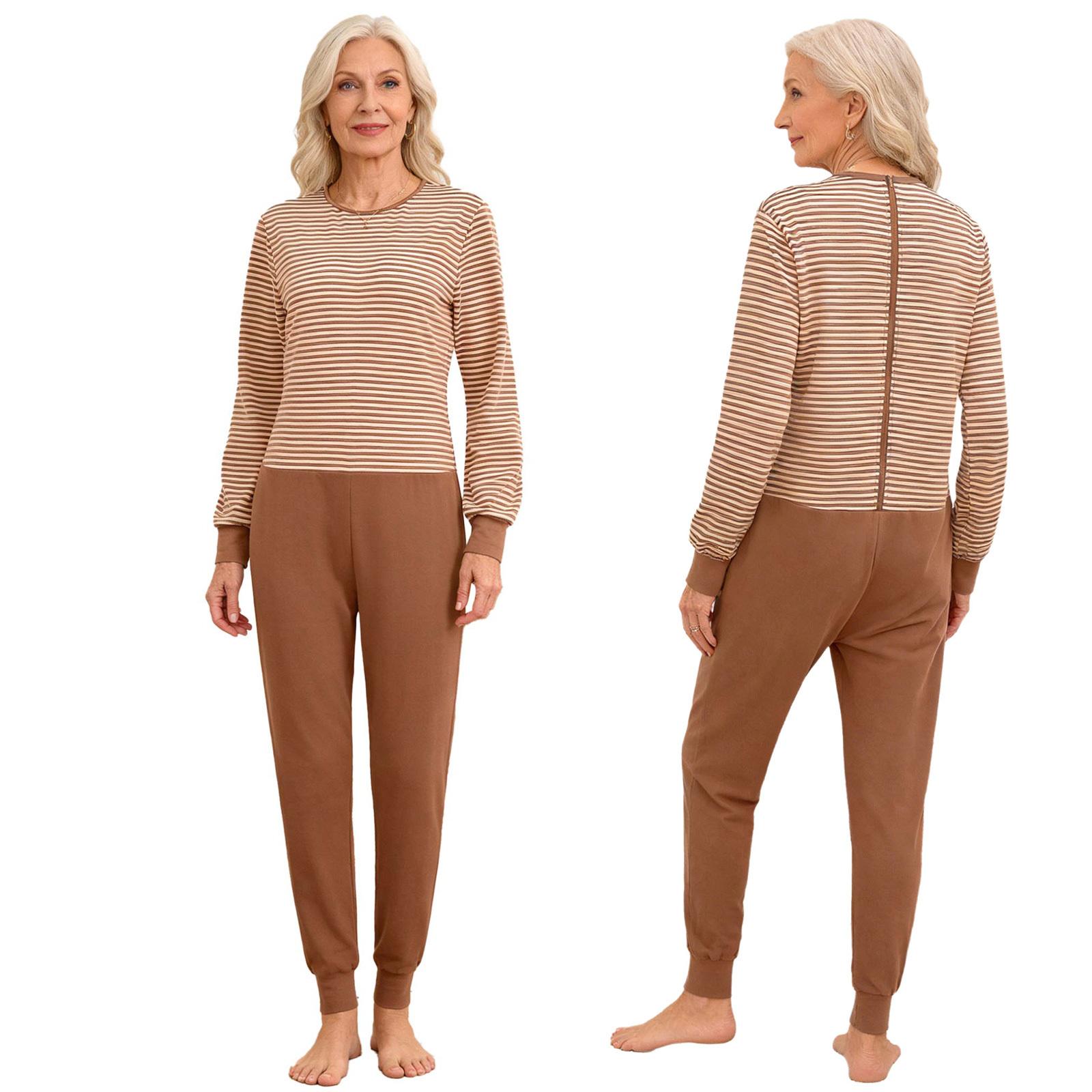 

S-XXL Women Special Needs Jumpsuit Striped Long Sleeve Back and Leg Zipper Anti-strip Nursing Bodysuit for Elderly Alzheimer S коричневий