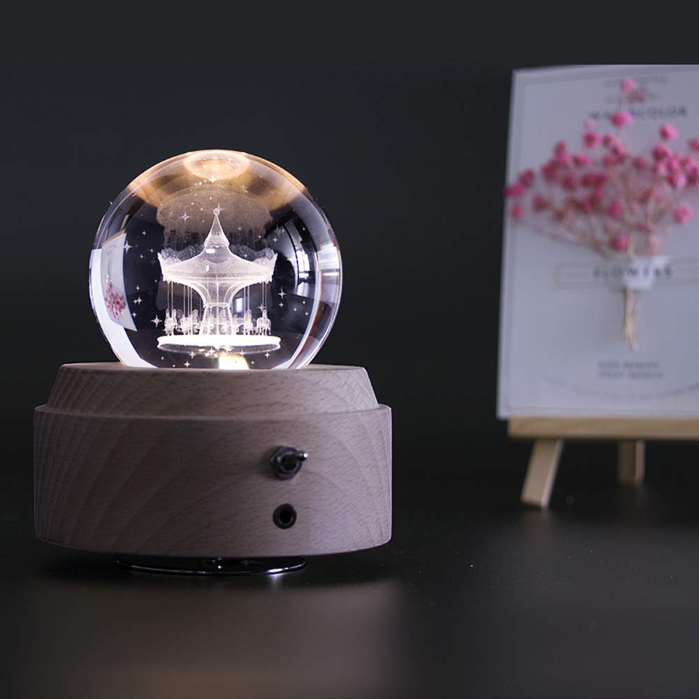 Mozalida Music Box Perfect As a Birthday Christmas Snow Globe Day Moon or for with Ambient Bedside LED USB and Projection Handmade Wooden Interior