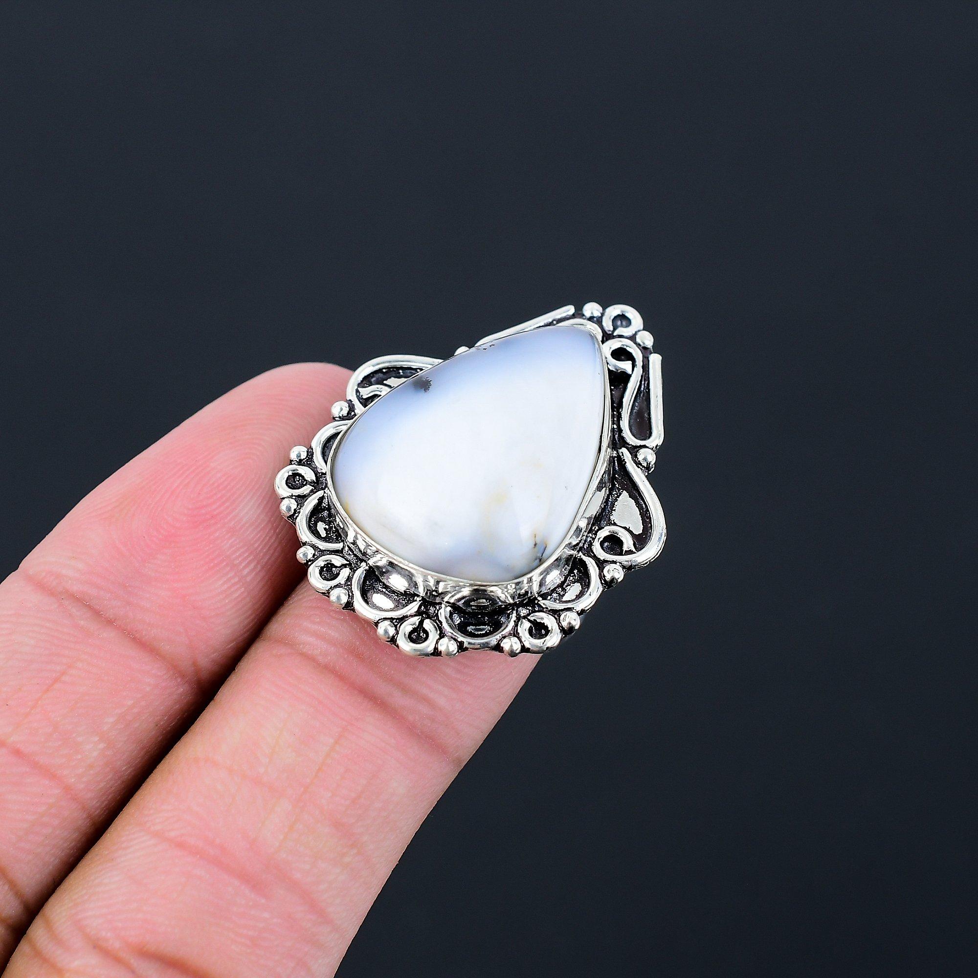 925 Sterling Silver Pear Dendrite Opal Gemstone Artisan Boho Ring Jewelry US 6.5 6.5