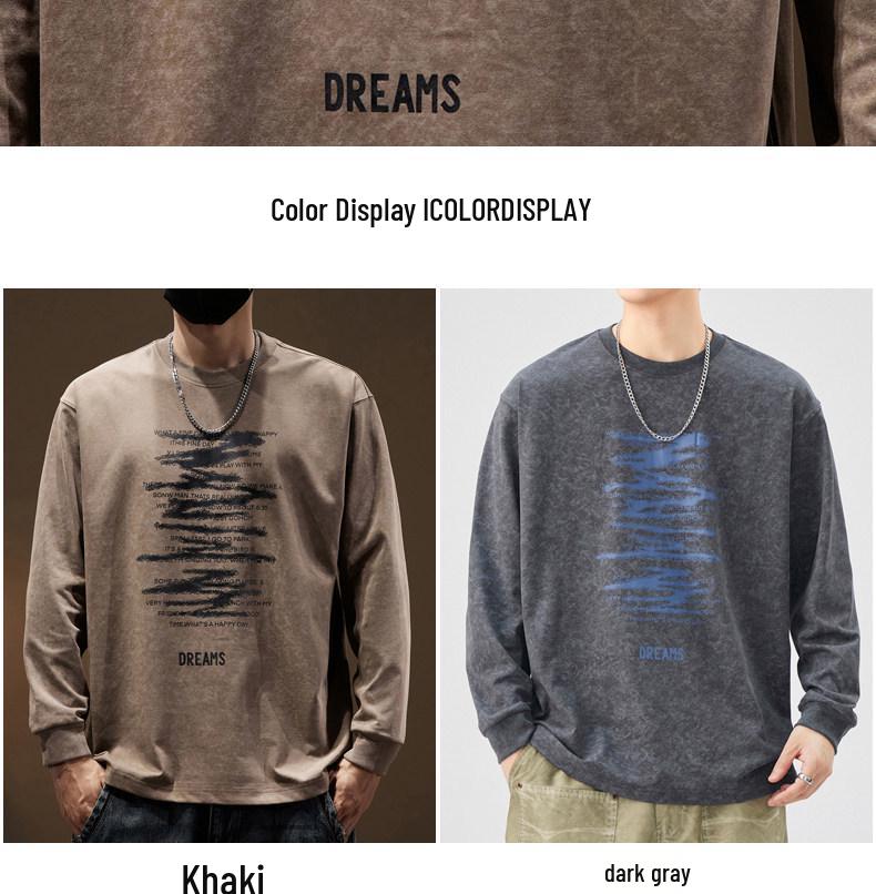 Men's Heavyweight Retro Washed Long-Sleeve T-Shirt - Autumn Edition, Loose Fit, Round Neck, Trendy American Print