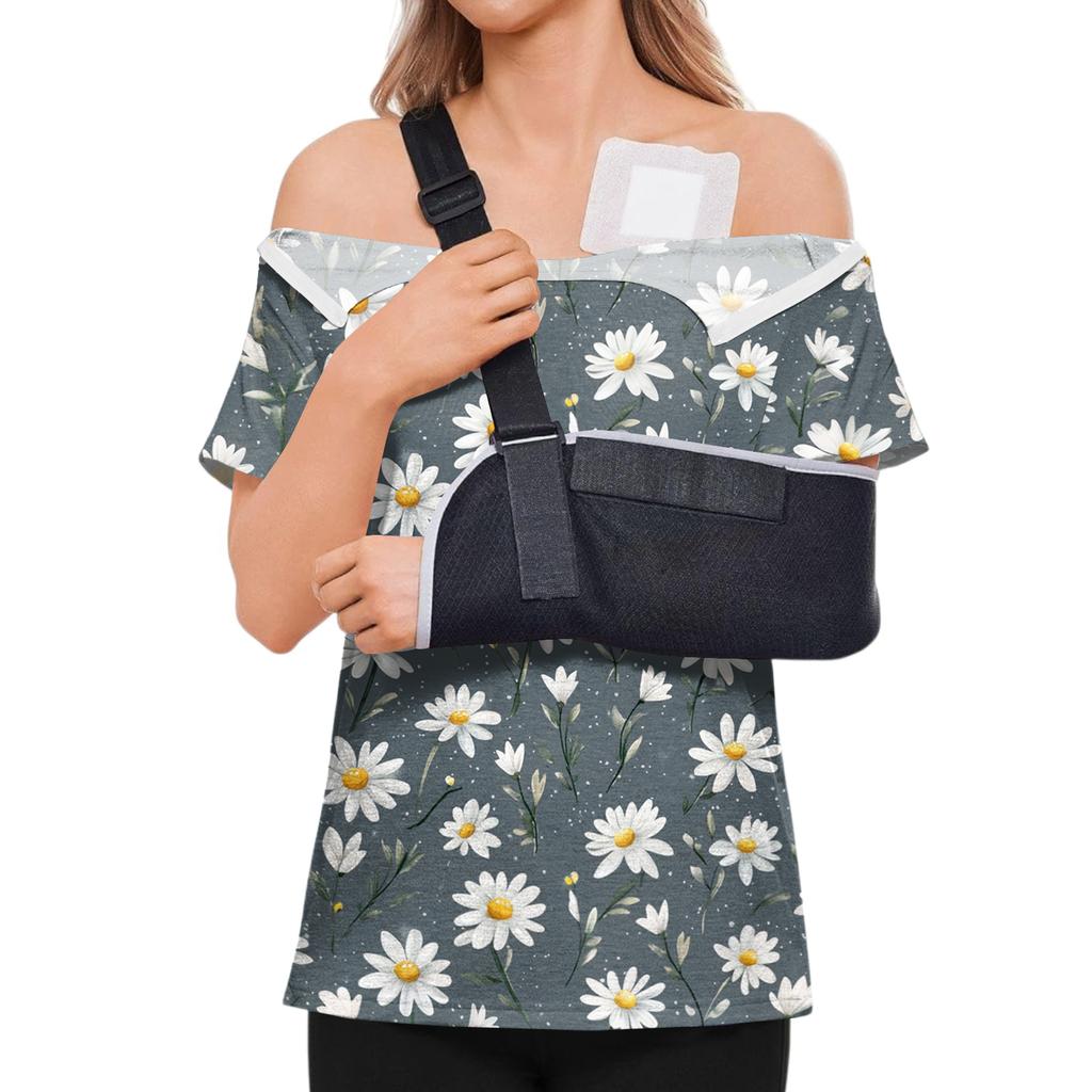 Women Postoperative Short Sleeve Floral Print Shirt with Shoulder Zipper and Side Hook and Loop Closure for Easy Dressing Comfort