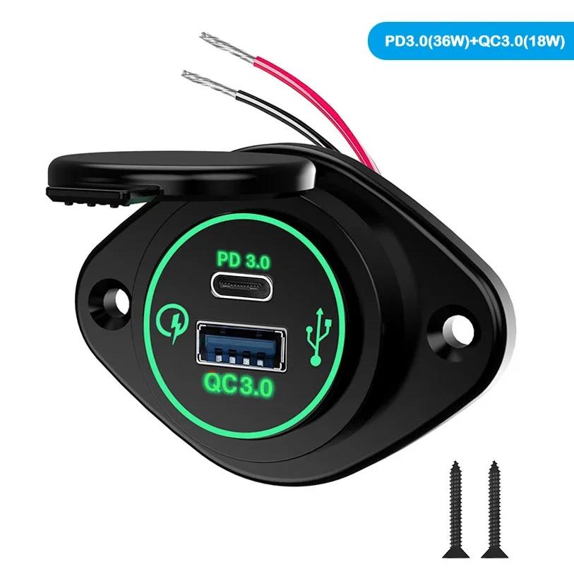 12V Quick Charge 3.0 Dual USB C Charger Power Socket Adapter Fast Charging Panel Wall Mount Outlet for Motorbike Car Boat Camper