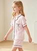 Girls Pink Striped Pajama Set, Short Sleeve Button-Down Sleepwear with Bow, Soft Loungewear for Kids 8-13 Years