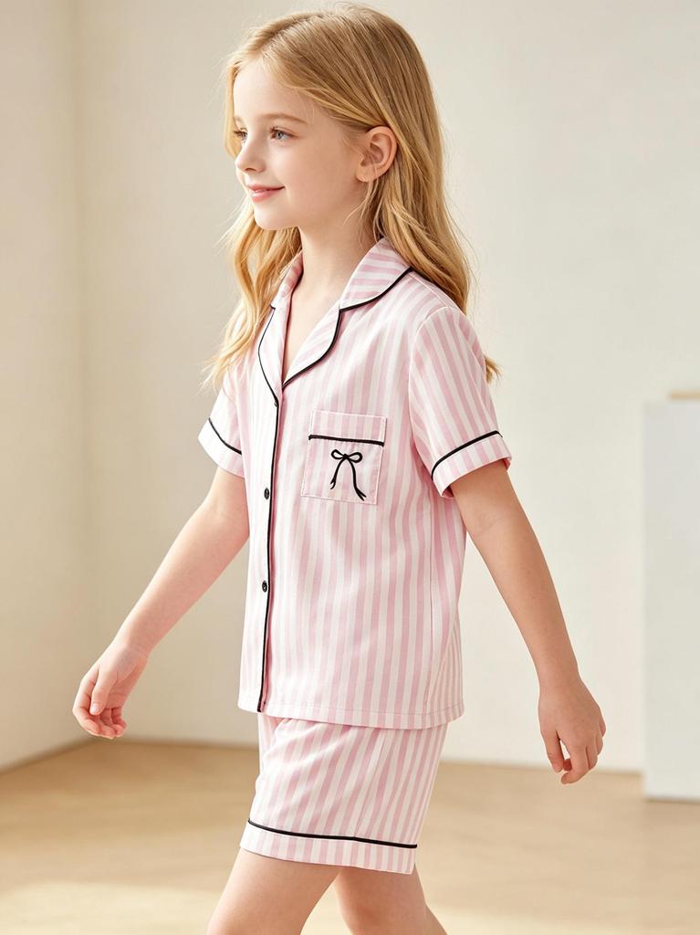 Girls Pink Striped Pajama Set, Short Sleeve Button-Down Sleepwear with Bow, Soft Loungewear for Kids 8-13 Years