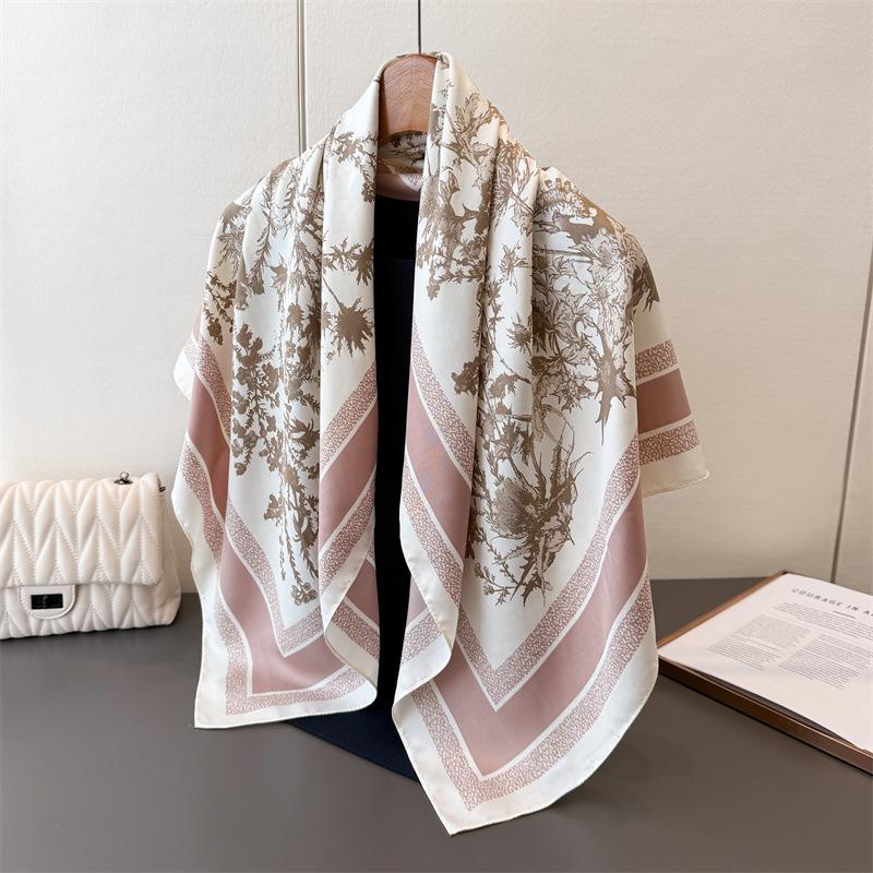 Fashion Imitation Silk Large Square Scarf Retro Flower Printing Professional Versatile Shawl Diagonal Silk Pattern Scarf Headscarf Women
