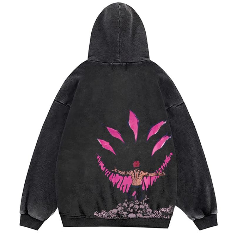 Oversized Vintage Wash Hoodie - Japanese Minimalist Cartoon Anime Style