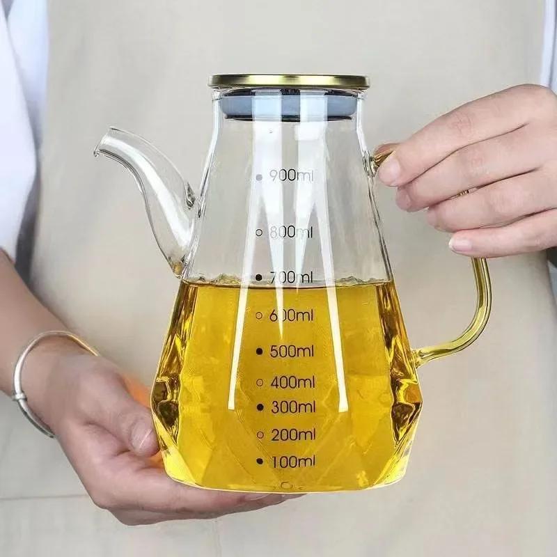 500/700/900ml Glass Oil Pots Leak Proof Diamond Oil Pot with Scale and Lid Kitchen Soy Sauce Vinegar Condiment Storage Container