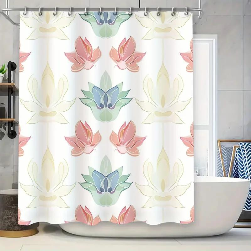 Artistic Lotus Shower Curtain Bath Decorative Wall Hanging for Home Bathroom Soft Watercolor Floral Print Fabric Waterproof