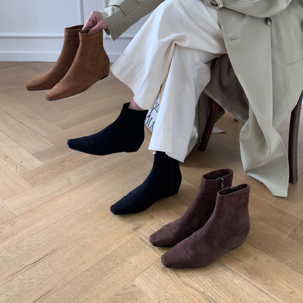 2025 Autumn New Square Head Inner Slope Heel Suede Thin Chelsea Martin Women's Short Boots Spice Girls Naked Boots