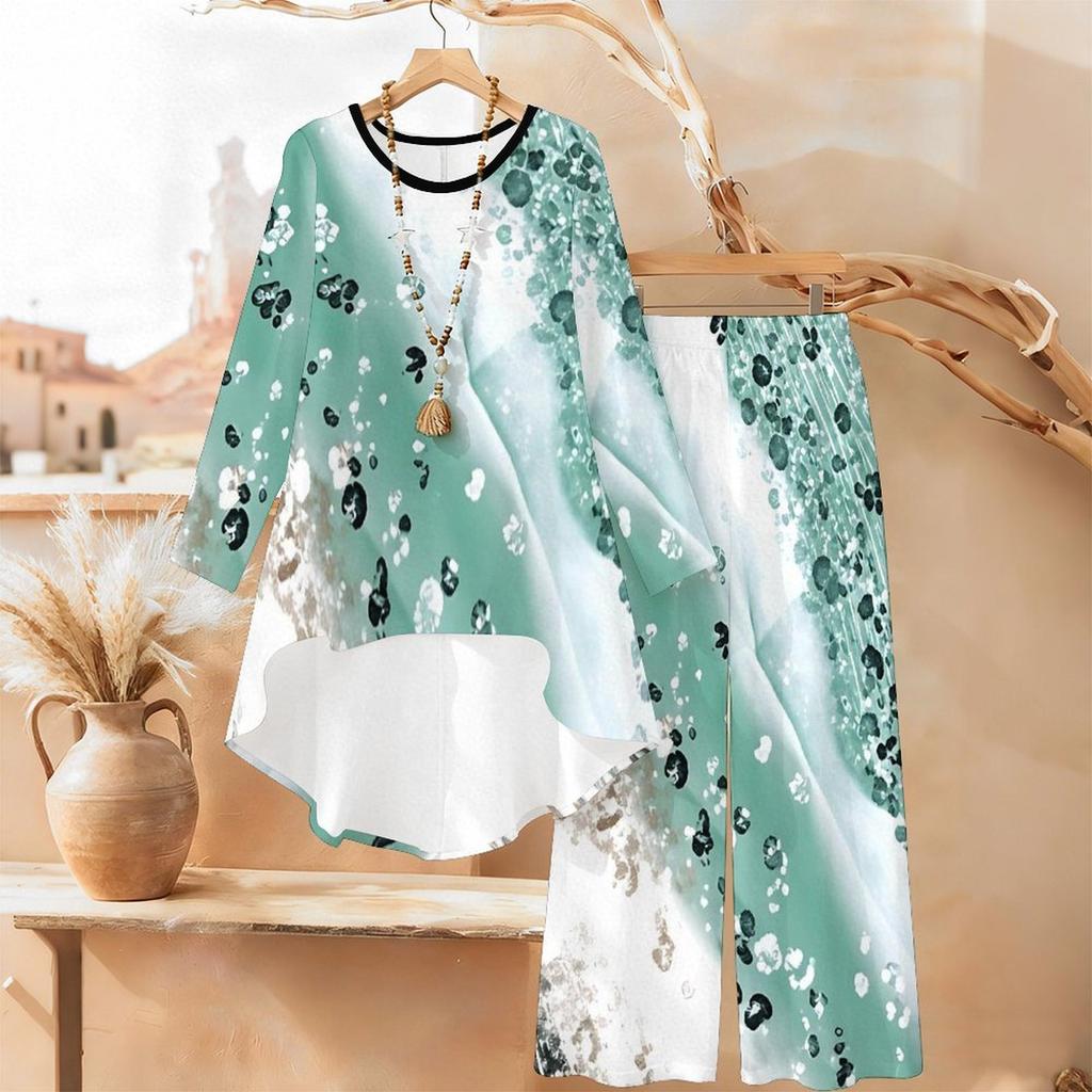 Marble Print Two Piece Outfit Women Long Sleeve Irregular Hem Tunic Top Wide Leg Pants Casual Matching Set
