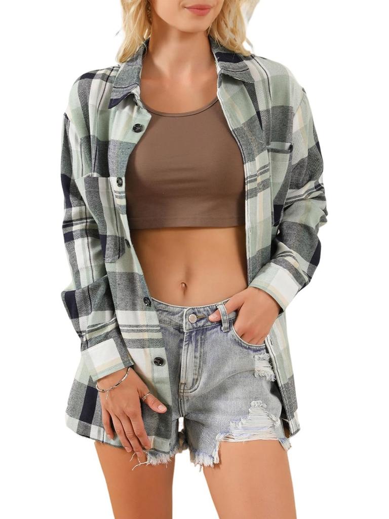 Women Plaid Long Sleeved Lapel Cardigan Shirt Thin Coat