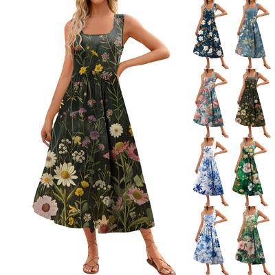 Women's 2024 Summer Maxi Dress Casual Floral Print Sleeveless Square Neck Flowy Long Beach Elegant Tank Sundresses With Pockets