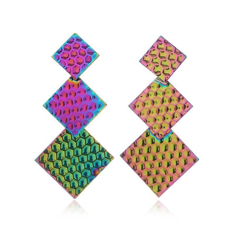 Electroplated Colored Geometric Diamond Stud Earrings - Stylish, Unique, and High-End Design