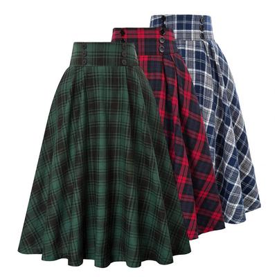 Spring Autumn Women's Skirt Elastic Waist Big Hem A-line Colorblock Plaid Print Loose Fit Skirt Ankle Length Pockets Retro Lady Maxi Skirt