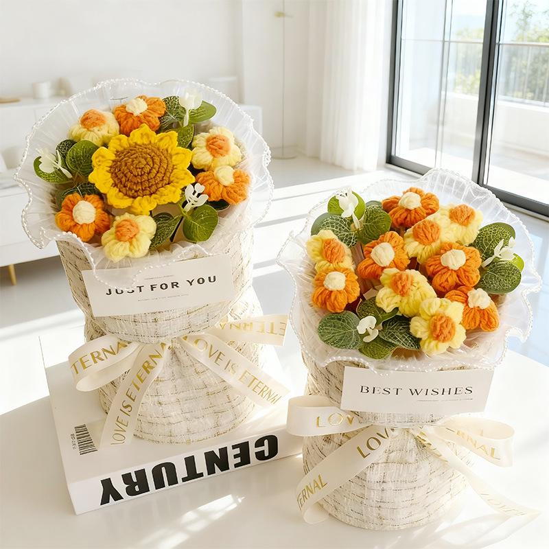Sunflower Yarn Valentine's Day Soap Flower Bouquet - Graduation & Teacher's Day Gift, French Style Handheld Bouquet