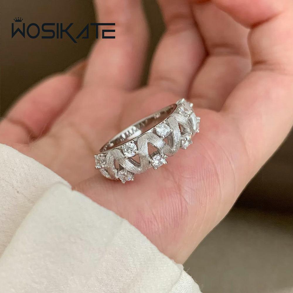 Wosikate Light Luxury Temperament Brushed Wave Ring For Women High Sense Micro-Set Zirconia Open Finger Ring Fashion Jewellery
