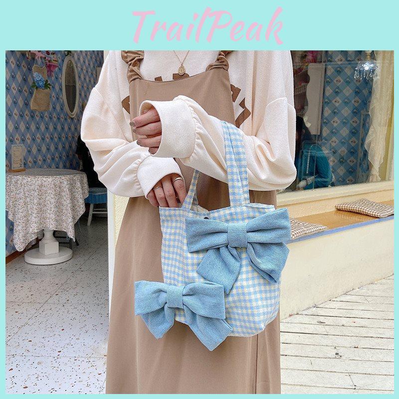 Fresh Stylish Plaid Bowknot Handheld Lunch Bag Cute Japanese Student Tote Bag