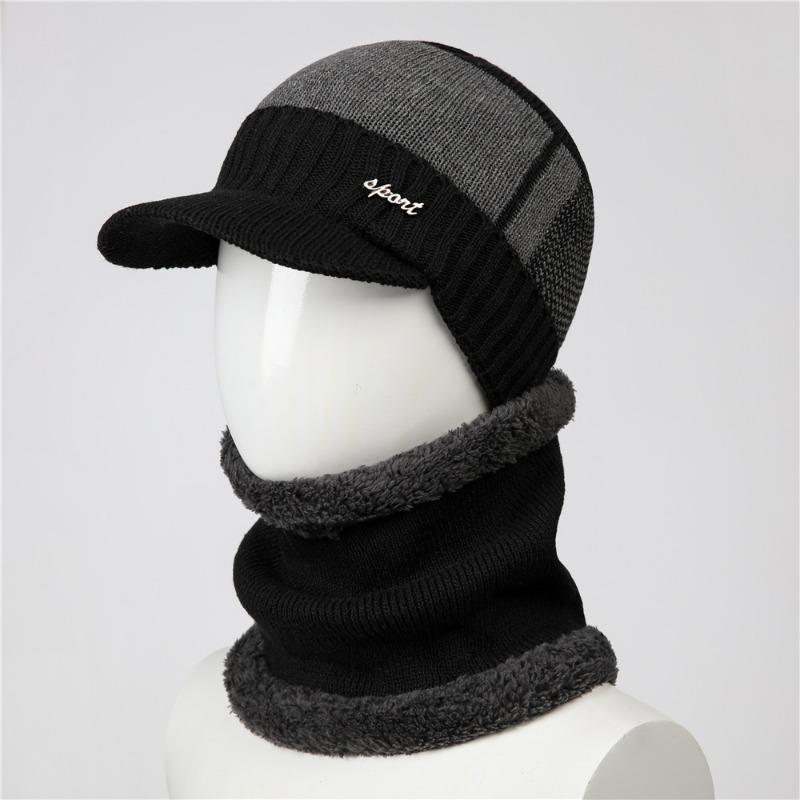 

Hat Men s autumn and winter knitted wool hat, wool ear protector, warm and velvet old hat Set (hat + scarf)
