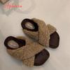 Aphixta Neue Warme Winterfleeces Fellige Damen Hausschuhe Überkreuzriemen Eckige Zehenpartie Damenschuhe Flacher Absatz Haar-Pantoletten Schuhe