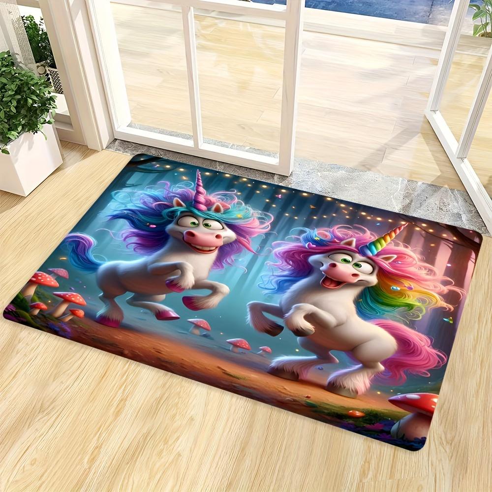 Cute Unicorn Flannel Welcome Mat, Premium Non-Slip Washable Rug, Fade-Resistant Decor for Living Room Bedroom Home