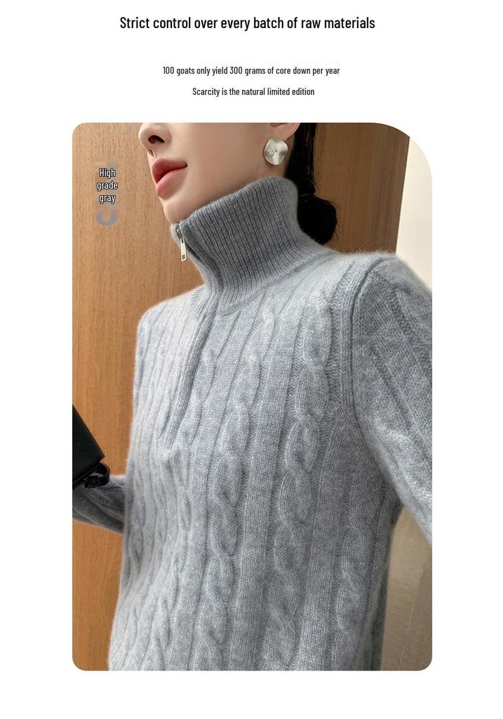 Women's Cashmere Sweater: 2026 Full Cable Knit, Solid Color, Long Sleeve, Half Zip Pullover for Autumn/Winter.