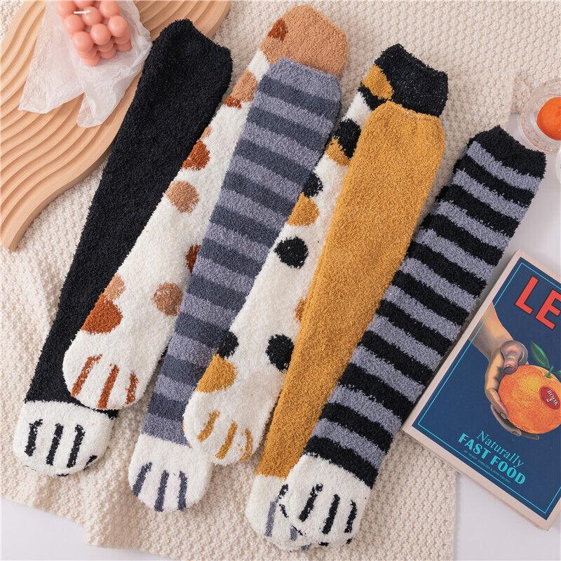 Kurze/lange flauschige warme Bettsocken, kniehoch, für den Winter, schwarze Pfote, Katze im Hut, weich
