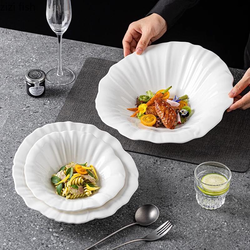 Pure White Flower Shape Slanted Edge Bowl Ceramic Salad Bowl Thick Soup Bowl Vegetable Bowls Noodle Bowls Specialty Tableware