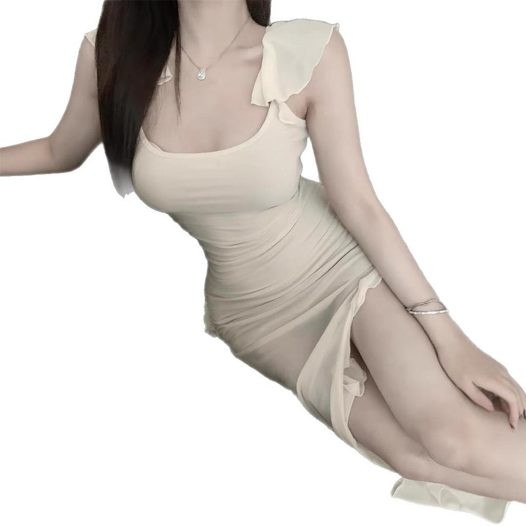 Pure Desire Wind Split Suspender Dress Female Summer Spice Girl Small Flying Sleeves Waist Mesh Skirt Irregular Medium and Long Skirt