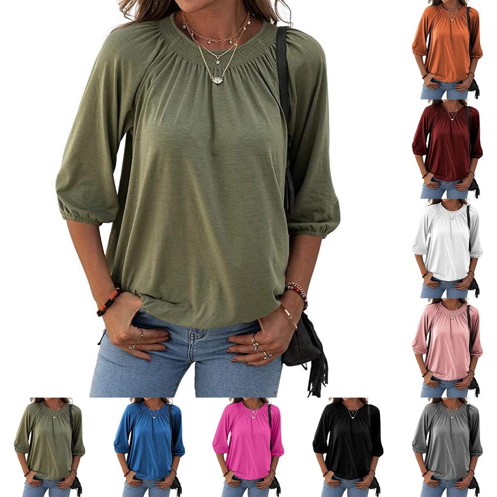 Women's Solid Color Round Neck T-Shirt Shirt Half Sleeve 3/4 Sleeve Casual Loose Pleated Basic Tops