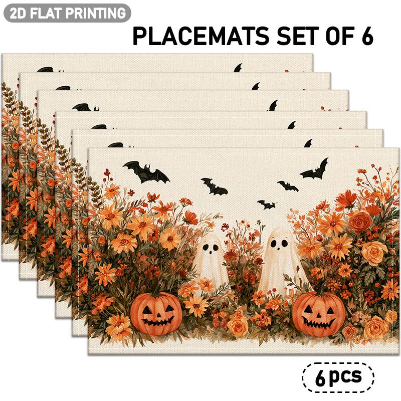 4/6pcs, Halloween-Themed Placemats, Pumpkin, Ghost, Bat, And Floral Pattern Table Mats, Suitable for Indoor/Outdoor Party Restaurant Decor, Kitchen Ta