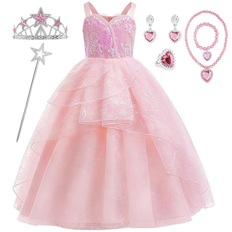Film Goede Heks Kostuum Kinderen Roze Jurk Met Kroon Toverstaf En Handschoenen Voor Meisjes Kwaadaardig Halloween Verjaardagsfeestje Prom Outfits 120&Other roze
