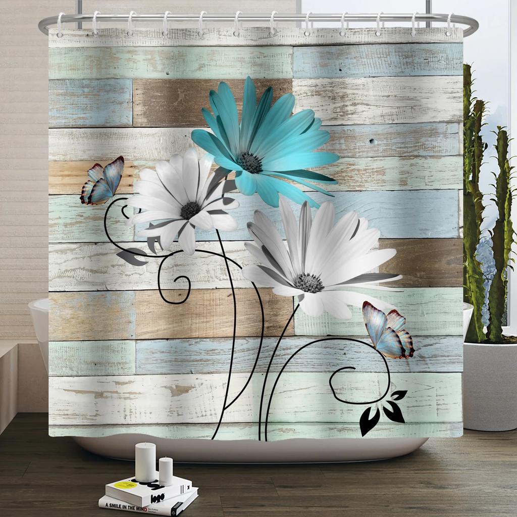 Rustic Sunflower Daisy Shower Curtain Butterfly Floral Vintage Country Farmhouse Flower Wooden Board Waterproof Bathroom Curtain