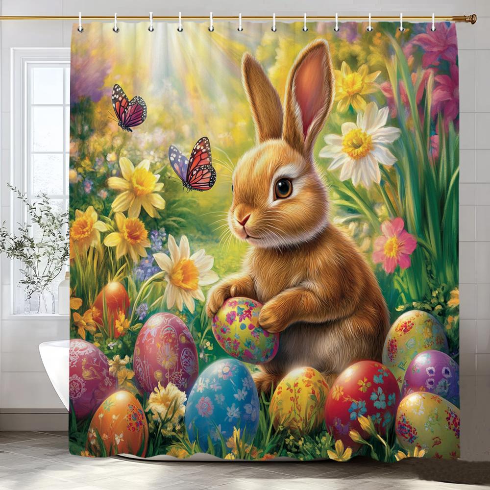 Happy Easter Bunny Eggs In Wooden Board Hole Cartoon Shower Curtain, Bathroom Decorative Shower Curtain, Home Curtain with Hooks